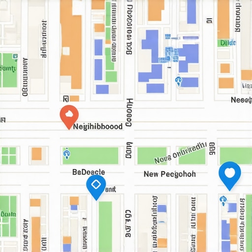Illustration of a neighborhood map with digital marketing pins and local business icons.