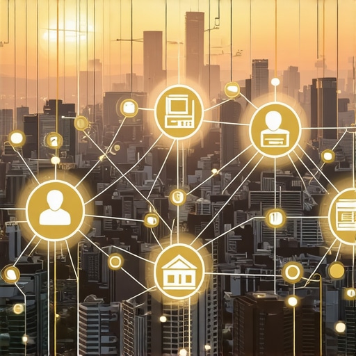 Representation of interconnected citation icons across a cityscape indicating a robust local SEO strategy.