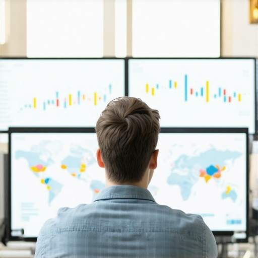 Local SEO Analytics Dashboard Business professional reviewing detailed local SEO performance metrics on multiple digital displays