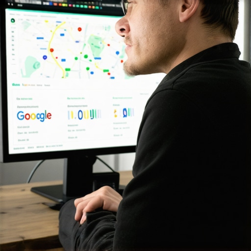 Business owner reviewing GMB analytics and local search map on a digital dashboard.