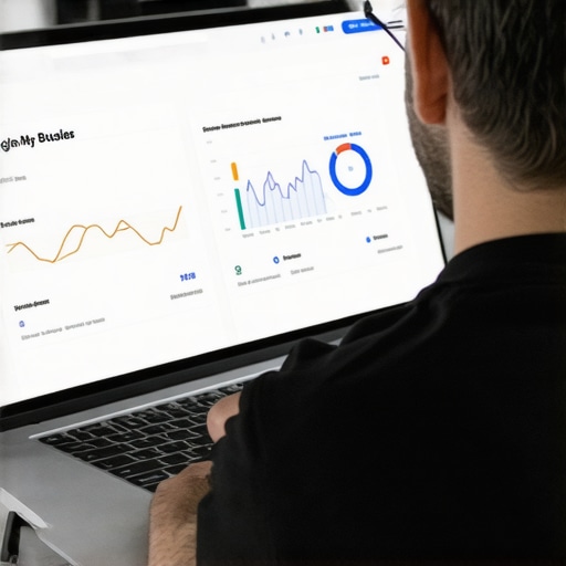 Business owner reviewing GMB analytics on laptop for local SEO improvements.