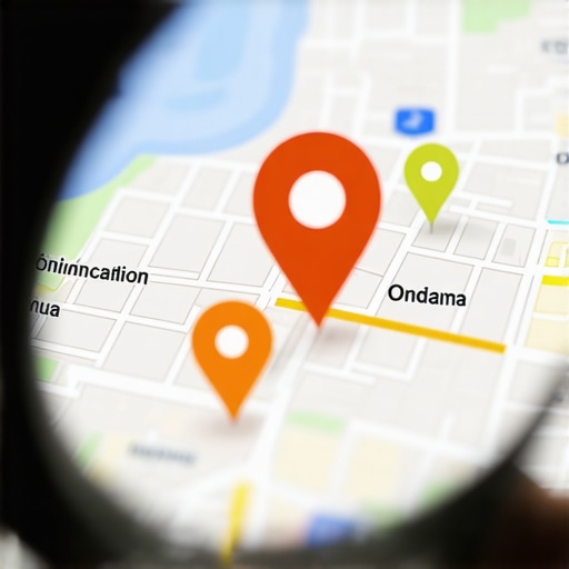 Detailed digital map with location markers and magnifying glass emphasizing targeted areas for local SEO