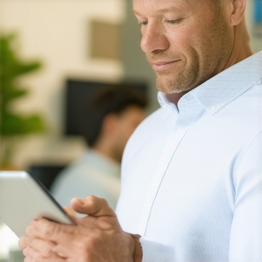 Advanced GMB Strategy Analysis Business owner reviewing local SEO data on tablet in office