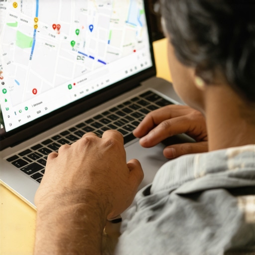 Advanced Local SEO Optimization Business owner analyzing local SEO data on laptop with maps and charts.