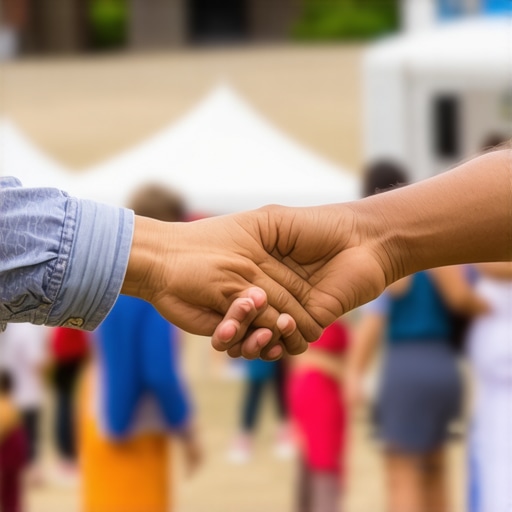 Person reaching out at a neighborhood event to symbolize local outreach and collaboration.