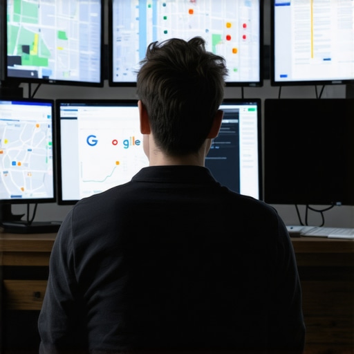 Digital marketer reviewing local SEO performance metrics on computer screens with Google Maps and analytics dashboards.