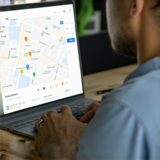 Business owner analyzing local SEO data on laptop with Google Maps and analytics tools.