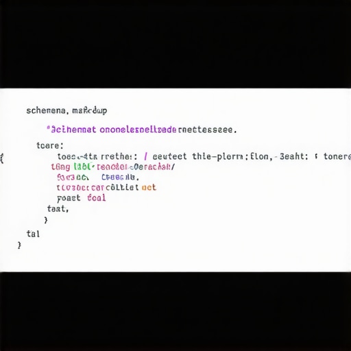 Illustration of website code with schema markup tags for local business information.