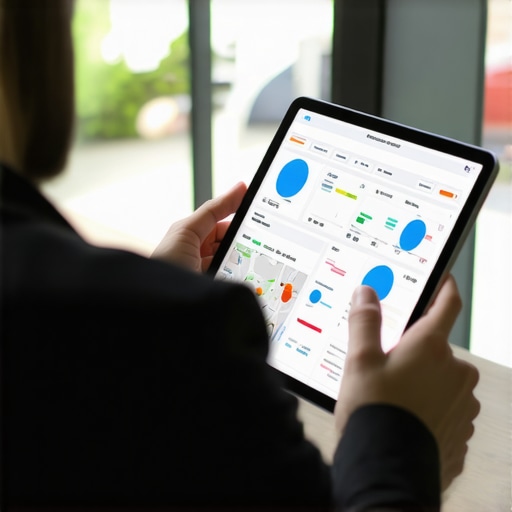 Business owner reviewing SEO analytics on a tablet with local maps and charts.