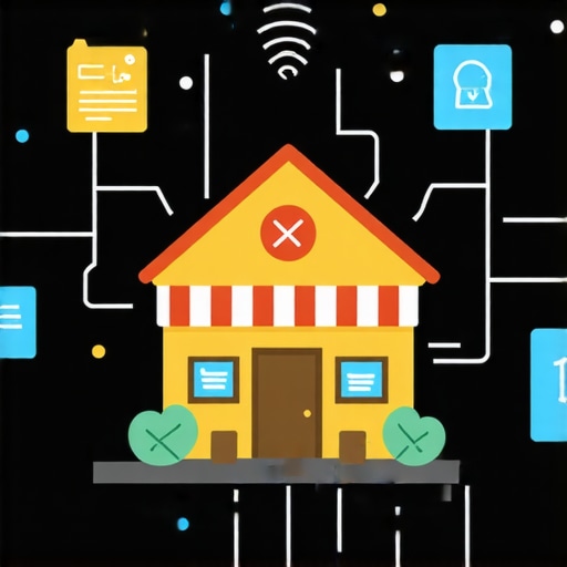 Digital schematic showing local business connected with AI signals and structured data icons.