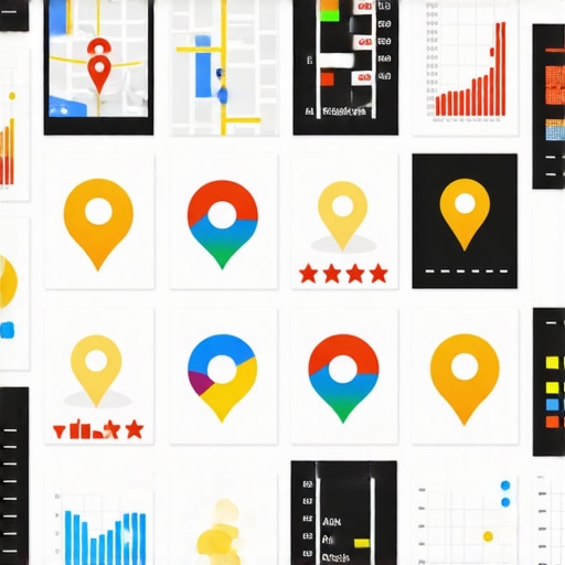 Illustration showing business reviews, maps, and data analytics for local SEO.
