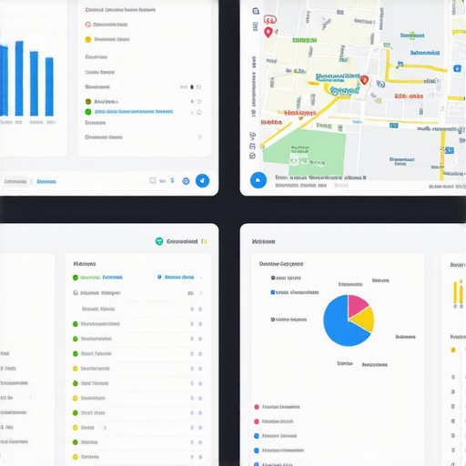 Screenshot of SEO analytics dashboard displaying maps, charts, and KPI metrics for local business rankings.