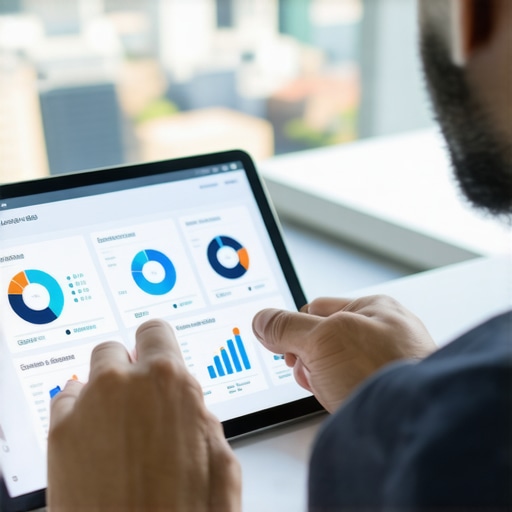 Person reviewing local SEO analytics on a tablet with city background.