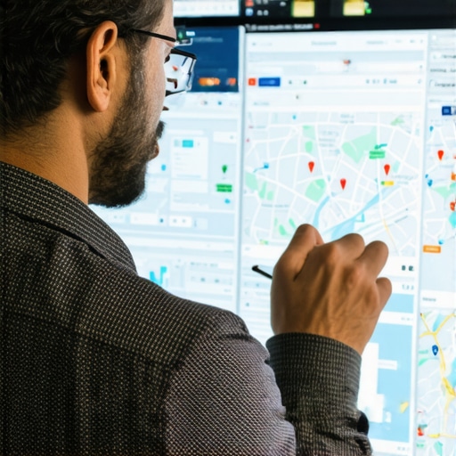 Data-Driven Local SEO Planning Business owner viewing geospatial analytics and maps for local SEO optimization
