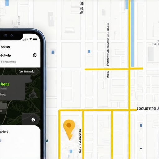 Close-up of a digital map with geo-fencing zones highlighted and a smartphone showing local search results.