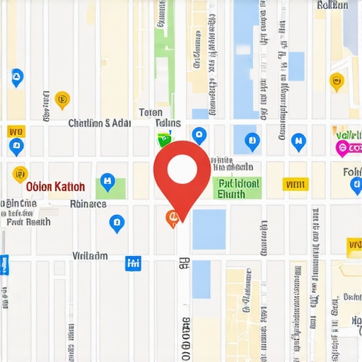 Map with GPS markers highlighting various local businesses in a city landscape