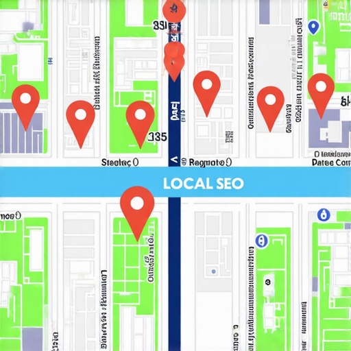 A city map emphasizing local businesses through digital markers and SEO signals.