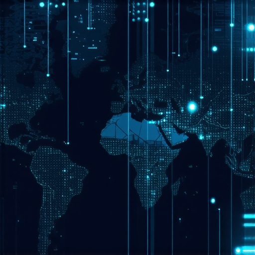 Futuristic digital map illustrating AI-powered local search analytics and data streams