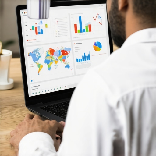 Professional reviewing local SEO analytics on a computer with geographic maps and data charts