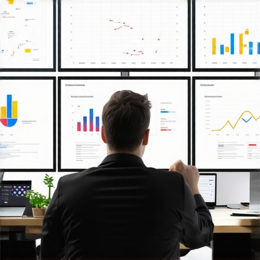 SEO expert reviewing local search metrics and GMB performance data on dual monitors.