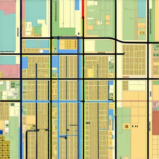 Urban neighborhood with geospatial and AR overlays showing local SEO targeting