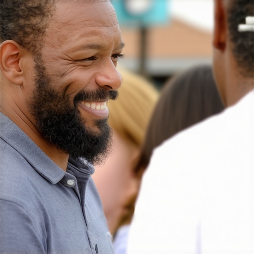 Small business owner engaging with local residents at neighborhood event.