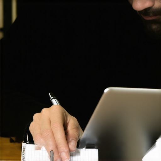 Business owner responding to reviews on laptop with notepad for notes.