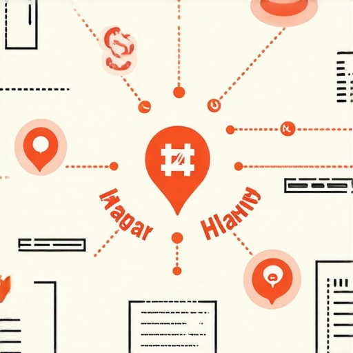 Illustration of hyperlocal SEO concepts such as geotags, community engagement, and blockchain verification.