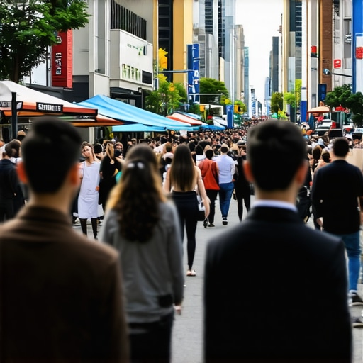 A street scene featuring local businesses with digital SEO signals and engaged customers.