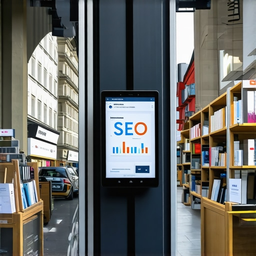 Local Business and SEO Analytics in Action A bustling local storefront with digital analytics tools displaying SEO performance insights
