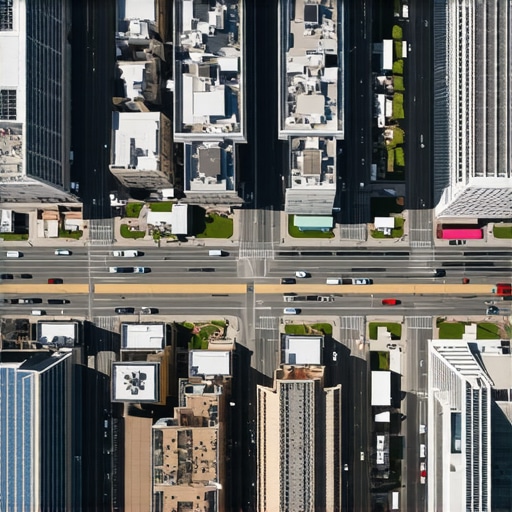 Aerial cityscape with GIS data overlays showing precise map pin locations
