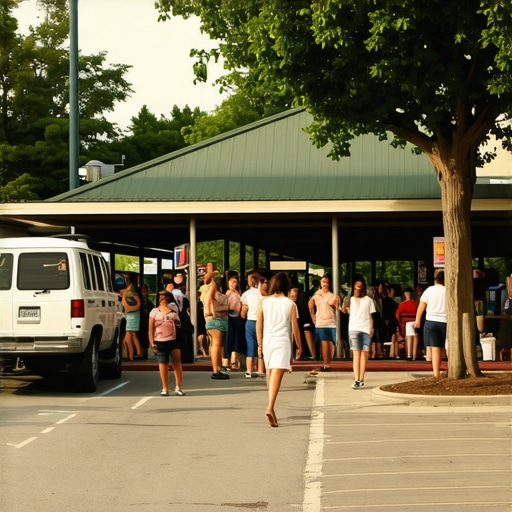 Community gathering in a lively neighborhood, showcasing local landmarks and businesses.