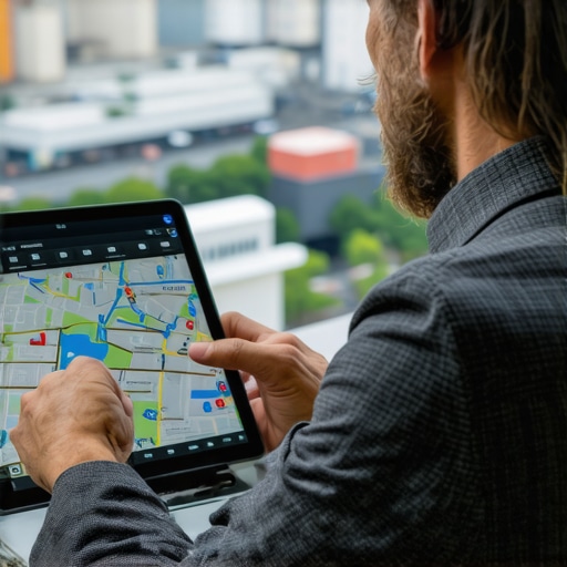 Local business owner reviewing digital maps and analytics for local SEO